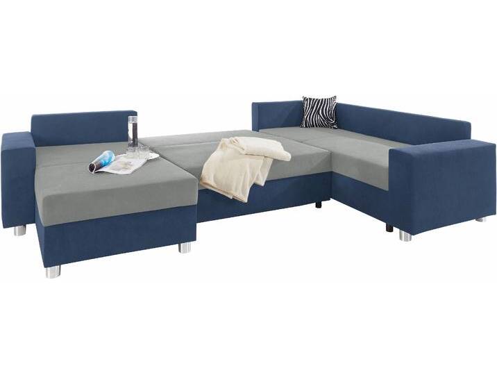 Wohnlandschaft COLLECTION AB Paris U-Form , blau (blau, hellgrau), B:310cm H:85cm T:212cm, Kunstleder SOFTLUX / Struktur (100% Polyester), Microfaser PRIMABELLE (100% Polyester), Zierkissen: 100% Polyester, Microfaser PRIMABELLE (100% Polyester) / Struktur (100% Polyester), Sofas, mit Federkern, wahlweise mit Bettfunktion und Bettkasten von COLLECTION-AB