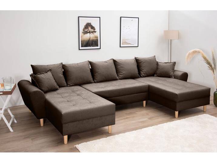 Wohnlandschaft COLLECTION AB Raisa U-Form , braun (dunkelbraun), B:314cm H:45cm T:158cm, 100%Polyester, Sofas, mit Federkern, Kissen und Steppung im Sitzbereich von COLLECTION-AB