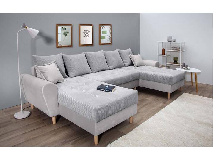 Wohnlandschaft COLLECTION AB Raisa U-Form , grau (hellgrau), B:314cm H:45cm T:158cm, 100%Polyester, Sofas, mit Federkern, Kissen und Steppung im Sitzbereich von COLLECTION-AB