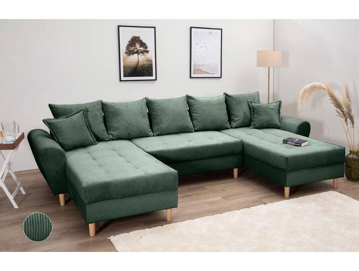 Wohnlandschaft COLLECTION AB Raisa U-Form , grün (flachengrün), B:314cm H:45cm T:158cm, 100%Polyester, Sofas, mit Federkern, Kissen und Steppung im Sitzbereich von COLLECTION-AB