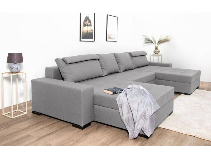 Wohnlandschaft COLLECTION AB Josy XXXL-Relax U-Form, B: 352 cm , grau (hellgrau), B:352cm H:41cm T:161cm, 100%Polyester, Sofas, mit Bettfunktion, Bettkasten & 2 Nackenkissen, Federkern, Topseller von COLLECTION-AB