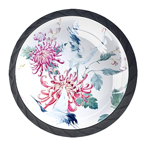 Japanische Kranich-Aquarell-Blumen Möbelknöpfe 4er Set für Zuhause, Büro, Küche, Badezimmerschrank, Kommode und Schrank 1,37 Zoll von COLMAT
