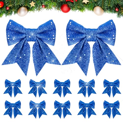 12 Stück 12x15cm Weihnachtsschleifen Weihnachten Blau Schleifen Glitzer Weihnachtsbaumschmuck Deko für Weihnachtsbaum Weihnachtskranz Tannenbaum Weihnachtsbaumschleifen (Blau) von COLOFALLA