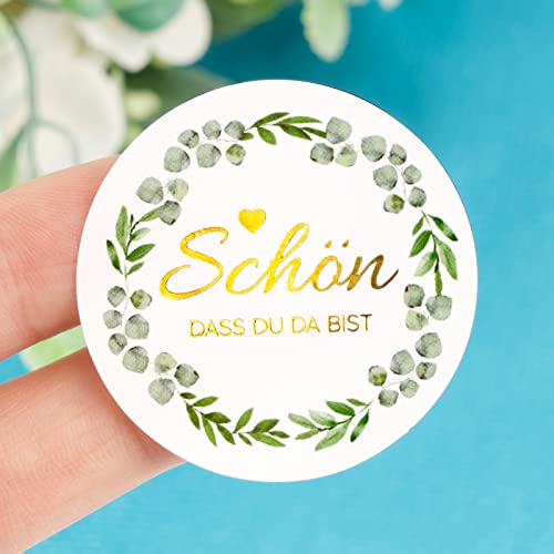 120 Stück 4cm Aufkleber Schön dass du da bist Goldfolie Sticker Hochzeit Rund Etiketten Selbstklebend Eukalyptus Gastgeschenke Deko für Taufe Kommunion Konfirmation (Gold) von COLOFALLA