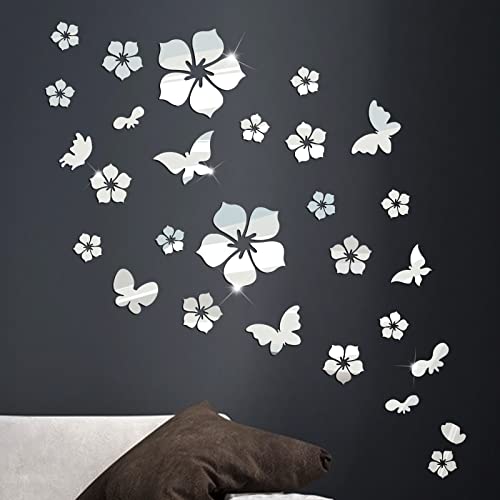 28 Stück Wandtattoo Acryl Blumen Schmetterlinge 3D Spiegel Wandaufkleber Wanddeko Silber Wand Aufkleber für Wohnzimmer Schlafzimmer Badezimmer Büro von COLOFALLA