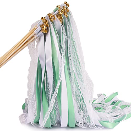 30 Stück Wedding Wands Hochzeit mit Glocken Zauberstäbe Hochzeit Glücksstäbe mit Schleifen Luftschlangen mit Holzstäbchen Grün Weiß Deko für Hochzeit Spalier Weihnachten Party (Grün) von COLOFALLA