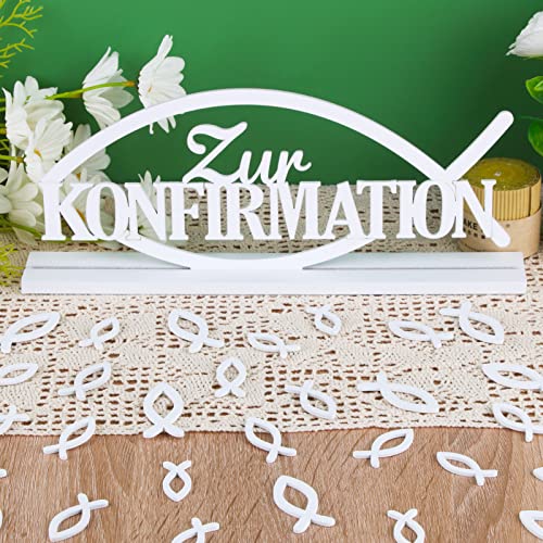 Konfirmation Deko Holz Tischdeko Weiß Schriftzug Zur Konfirmation Holzdeko Aufsteller 36 Pcs Streudeko Fische Konfirmation Deko für Mädchen Junge Dekoration von COLOFALLA