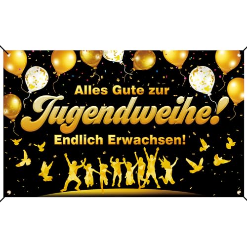 COLOFALLA 180x110cm Jugendweihe Deko Alles Gute zur Jugendweihe Banner Endlich Erwachsen Dekoration Hängendeko Junge Mädchen Banner Gold Schwarz mit Schnur von COLOFALLA