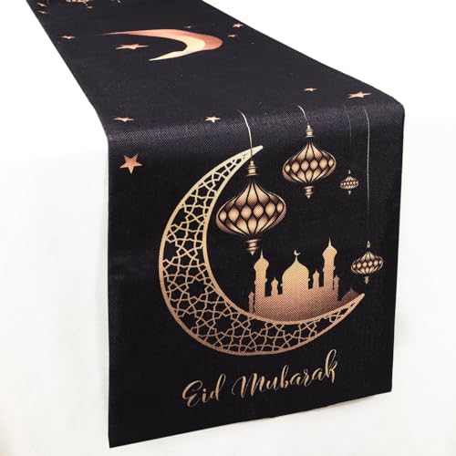 COLOFALLA 30x180cm Eid Mubarak Tischläufer aus Leinen Ramadan Tischdecke Muslimische Tischdeko Dekoration für Zuhause Feiertag Islamische Partydeko (Schwarz Gold) von COLOFALLA