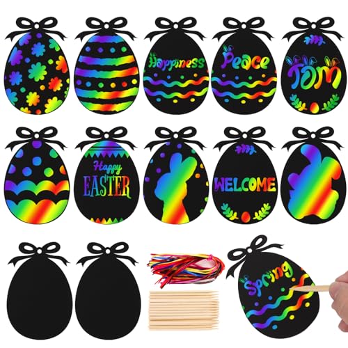 COLOFALLA 48 Stücke Ostern Kratzbilder Ostern Kinder Basteln Regenbogen für Kinder Kratzpapier Oster Deko mit Stäbchen und Band Oster DIY Ostern Hängendeko (11 x 7.5cm) von COLOFALLA