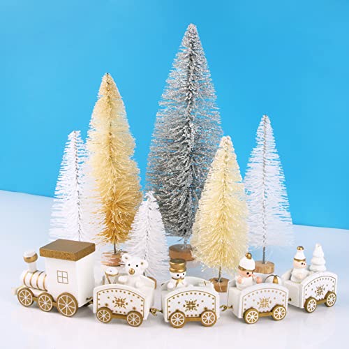 7 Stück Tischdeko Weihnachten Weihnachtszug Deko Holz-Eisenbahn Künstlicher Klein Weihnachtsbaum Miniatur Silber Weiß Mini Tannenbaum Weihnachtsdeko Tisch Geschenke für Weihnachten Neujahr von COLOFALLA