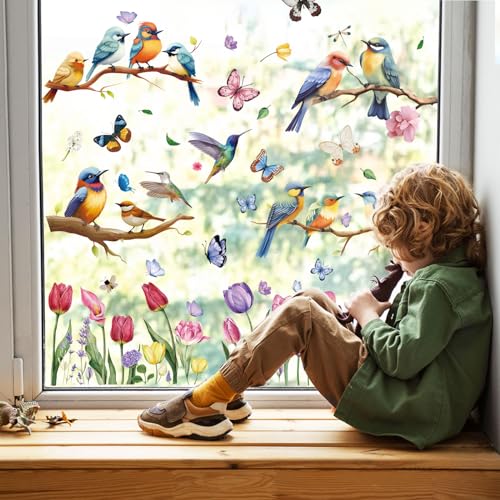 COLOFALLA 9 Blatt Fensterbilder Vögel Sommer Fensterbilder Frühling Selbstklebend Blumen Schmetterlinge Sommer Fenstersticker Fenster Kinderzimmer Party Deko Fensterfolie Fensterdeko von COLOFALLA