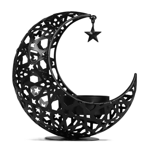 COLOFALLA Mondform Teelichthalter Ramadan Vintage Teelichthalter Kerzenhalter Kerzenständer Eid Mubarak Ramadan Deko Ramadan Geschenke Tischdeko für Valentinstag (Black) von COLOFALLA