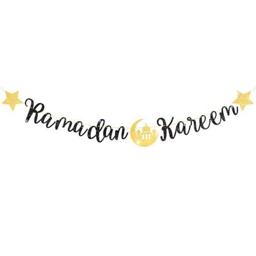 COLOFALLA Ramadan Banner Ramadan Girlande Ramadan Deko Eid Mubarak Deko Eid Mubarak Banner Ramandan Deko für Wand Ramadan Party Dekoration Schwarz Gold mit Seil von COLOFALLA