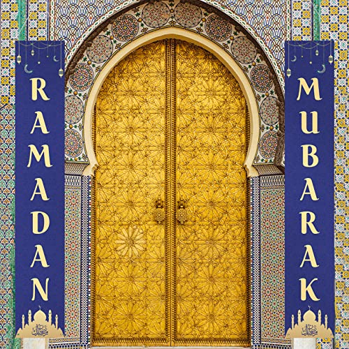 COLOFALLA 2 Stk 180x30cm Ramadan Mubarak Banner Schwarz Gold Ramadan Deko Tür Eid Mubarak Dekoration Hintergrund für Haustür Garten Indoor Outdoor Islamische Feiern Muslim Party Deko (Blau) von COLOFALLA