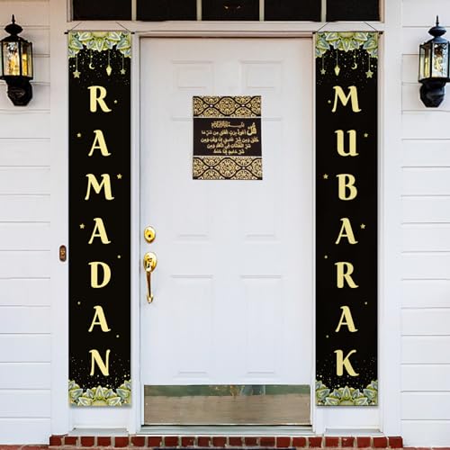 COLOFALLA Ramadan Banner Schwarz Gold Ramadan Deko Tür Ramadan Mubarak Mubarak Eid Mubarak Deko Hintergrund für Haustür Garten Indoor Outdoor Islamische Feiern Muslim Party Deko von COLOFALLA