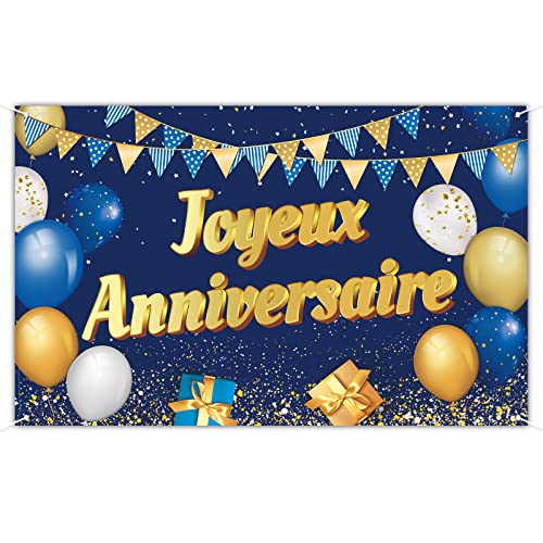 Geburtstag Banner 110x180cm in Französisch Joyeux Anniversaire Geburtstag Party Deko Schwarz-Gold mit 6m weiß Schnur (Blau) von COLOFALLA