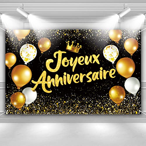 Geburtstag Banner 110x180cm in Französisch Joyeux Anniversaire Geburtstag Party Deko Schwarz-Gold mit 6m weiß Schnur (Gold) von COLOFALLA