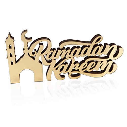 COLOFALLA Ramadan Kareem Tischdeko Aufsteller Gold Ramadan Deko aus Holz Acryl Schriftzug Ramadan Kareem Eid Party Dekoration Islamische Muslim Deko (Gold) von COLOFALLA