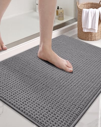 COLOR&GEOMETRY Badeteppiche rutschfest Waschbar, 44 x 75 cm Chenille Absorbierende Badvorleger Badezimmerteppich Schnelltrocknend, Grau Badematte für Badezimmer, Dusche, Badewanne von COLOR&GEOMETRY