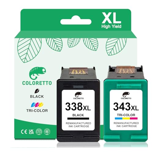 COLORETTO Ersatz-Tintenpatrone(1 Schwarz,1 Farbe) für HP 338 343 für Wiederaufbereitete Druckerpatronen zur Verwendung mit 5740 6210 6215 6540 6620 6840 100 150 1610 2355 2575 2610 2710 2713 4212 von COLORETTO