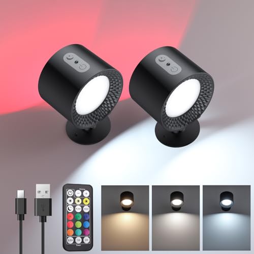 COLORLAM LED Wandleuchte Innen Wideraufladbare AKKU Wandlampe mit Fernbedienung RGB Touch Control Wandleuchten 360° Drehbare Nachttischlampe mit 3 Farbmodi Dimmbar Wandbeleuchtung für Schlafzimmer von COLORLAM