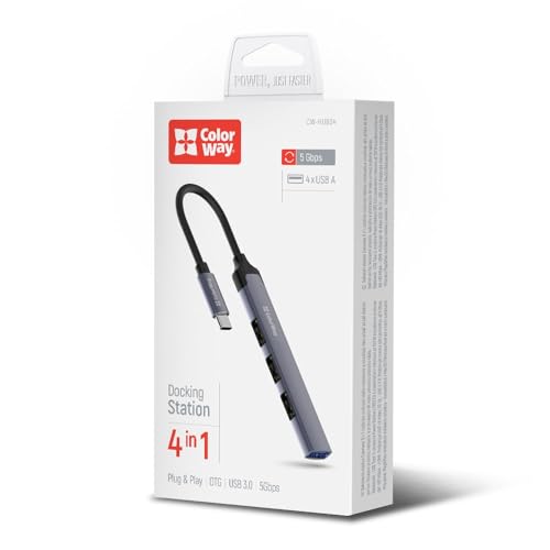 ColorWay USB-C Hub 4-in-1, 3X 2.0 & 1x 3.0 Ports, 5 Gbit/s, Aluminium-Dockingstation, Grau von COLORWAY