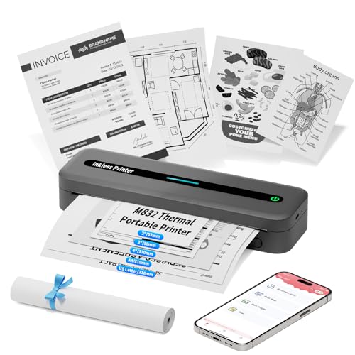 COLORWING Mobiler Drucker M832,Thermodrucker A4,Bluetooth Drucker Klein Kompakt für iPhone und Android,Wird mit Einer Rolle A4-Thermopapier Geliefert,Portbale Printers Wireless for Travel-Grau von COLORWING