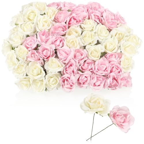 com-four® 10x Bouquetzweig - Deko Blumenzweig mit weißen & rosa Blüten - Papierrosen zum Verzieren von Kränzen, Geschenken und als Tischdekoration - Blumenbouquet für Hochzeit (10 Büdel weiß + rosa) von com-four