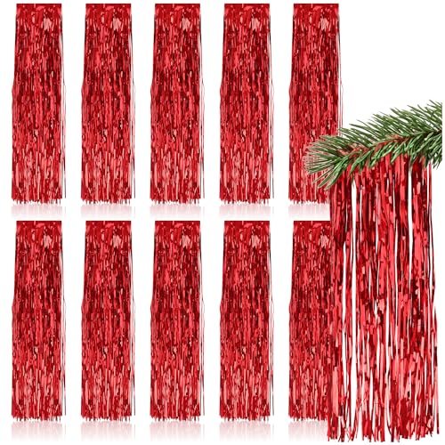 com-four® 10x Lametta - rote Lametta Girlande für Weihnachten - Christbaumschmuck für den Tannenbaum - Lametta-Vorhang mit glatten Fäden (rot - 10 Stück) von com-four