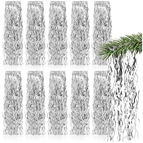 com-four® 10x Lametta - silberfarbene Lametta Girlande für Weihnachten - Christbaumschmuck für den Tannenbaum - Lametta-Vorhang mit welligen Fäden von com-four