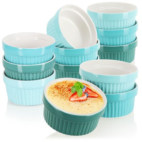 COM-FOUR® 12x Soufflé Förmchen - Creme Brulee Schälchen aus Keramik - Ofenfeste Förmchen - Dessertschale und Pastetenförmchen für Ragout Fin - je 270 ml - Grüntöne von com-four