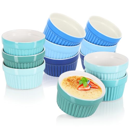 COM-FOUR® 12x Soufflé Förmchen - Creme Brulee Schälchen aus Keramik - Ofenfeste Förmchen - Dessertschale und Pastetenförmchen für z.B. Ragout Fin - je 200 ml - in verschiedenen Grün- und Blautönen von com-four