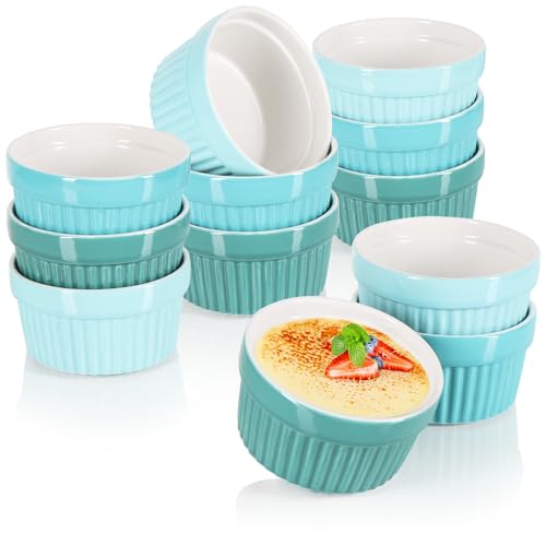 COM-FOUR® 12x Soufflé Förmchen - Creme Brulee Schälchen aus Keramik - Ofenfeste Förmchen - Dessertschale und Pastetenförmchen für z.B. Ragout Fin - je 200 ml - in verschiedenen Grüntönen von com-four