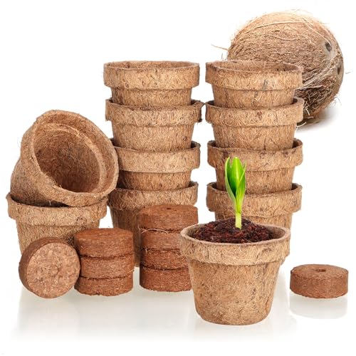 com-four® 20-teiliges Kokosanzucht-Set - biologisch abbaubare Kokosscheiben im Topf - Anzuchthilfe aus 10 Quelltabs und 10 Töpfen - Pflanzschalen aus Kokosfaser - Anzuchtunterstützung für Samen von com-four