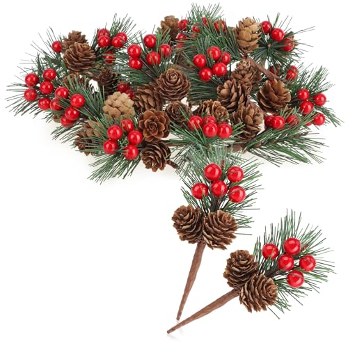 com-four® 20x Deko-Zweig mit Lärchenzapfen, roten Beeren und Baumnadeln - Streudeko weihnachtlich - Dekozweig für Kränze und Gestecke (20 Stück - rote Beeren Natur) von com-four