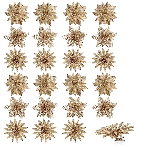 com-four® 24x Deko-Blume mit Clip - glitzernde Blüte zum Anklemmen - Blumenanstecker als Raumdeko für Weihnachten und Valentinstag - [Auswahl variiert] von com-four