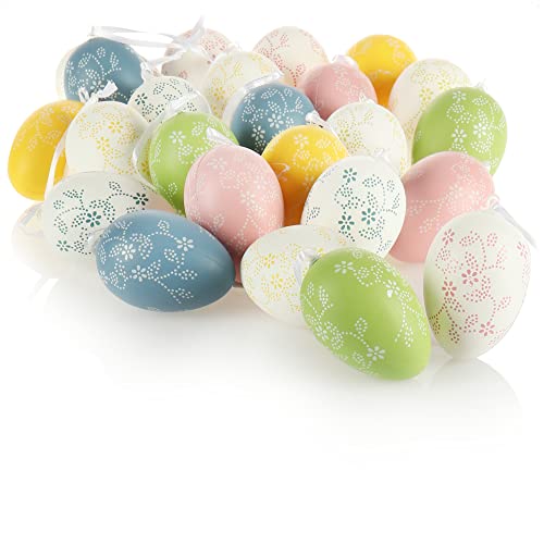 com-four® 24x Dekoaufhänger Ostern - Oster-Eier aus Kunststoff zum Aufhängen - Aufhänger für den Osterstrauß - Eier in bunten Farben mit Blumen-Motiv (24 Stück - bunt mit Blumen) von com-four