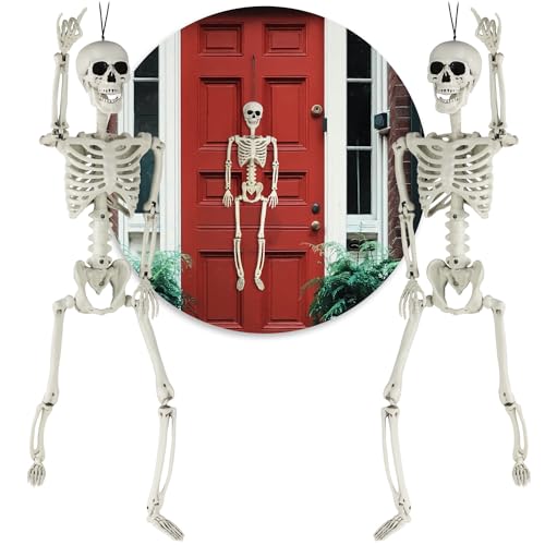 com-four® 2X 90cm Deko Skelett für Halloween - XXL-Skelett aus Kunststoff zum Aufhängen und Aufstellen - Skelett mit beweglichen Gelenken - hoher Grusel-Faktor für Halloween (XXL - 2 Skelett - 90cm) von com-four
