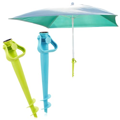 com-four® 2X Sonnenschirmhalter zum Eindrehen - Bodenhülsen für den Garten - Standfuß für Schirme - Erdspieße - leichte Schirmständer aus Kunststoff (02 Stück - grün + blau) von com-four