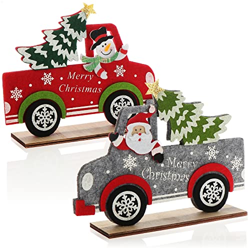 com-four® 2X Weihnachtsdeko aus Filz - dekorativer Aufsteller - weihnachtliche Tischdekoration - Weihnachtsmann und Schneemann mit Auto als Filzfiguren (Pick up - rot grau) von com-four