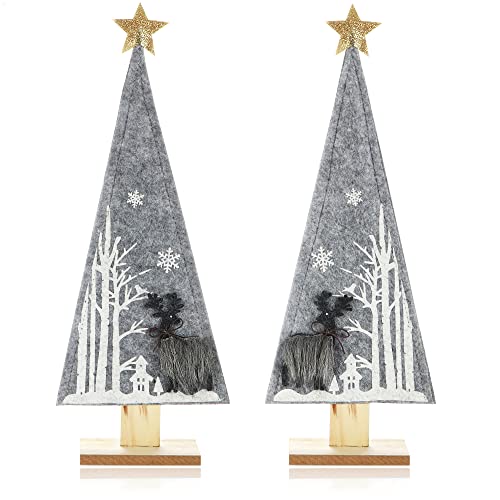 com-four® 2X dekorativer Aufsteller für Weihnachten - Tannenbaum aus Filz mit Fuß aus Holz - Weihnachtsbaum als Deko für Tisch und Fenster (Waldtanne - grau) von com-four