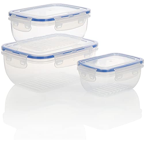 com-four® 3-teiliges Frischhalte-Dosen Set - Vorratsdosen aus Kunststoff in 3 Größen für Camping oder Picknick - Aufbewahrungsbox mit Deckel für Obst, Gemüse, Snacks (03-teilig - transparent-blau) von com-four