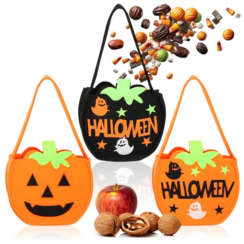 com-four® 3X Halloween Tasche - Beutel zum Sammeln von Süßigkeiten - Sammeltasche aus Filz - Geschenktasche mit kinderfreundlichen Gruselmotiven (03 Stück - orange + schwarz) von com-four