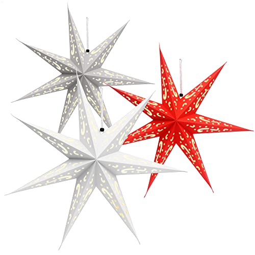COM-FOUR® 3X Leuchtstern in 3D mit LEDs - Weihnachtsstern mit LED Beleuchtung und Timer - Premium Papierstern zum Aufhängen von com-four