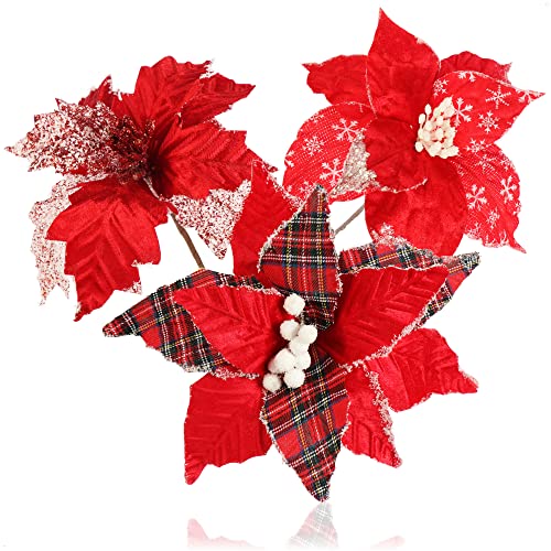 com-four® 3X Weihnachtsstern Deko-Gesteck, Kunstblumen als tolle Weihnachtsdekoration, schöner Raumschmuck, auch für Kränze und Blumenarrangements (rot + weiß) von com-four