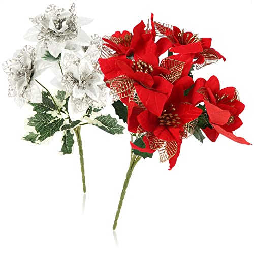 com-four® 3X Weihnachtsstern Deko-Gesteck, Kunstblumen als tolle Weihnachtsdekoration, schöner Raumschmuck, auch für Kränze und Blumenarrangements (silberfarben + rot) von com-four
