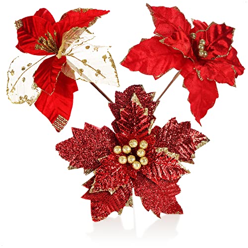 com-four® 3X Weihnachtsstern Deko-Gesteck, Kunstblumen als tolle Weihnachtsdekoration, schöner Raumschmuck, auch für Kränze und Blumenarrangements - DIY (rot + goldfarben) von com-four