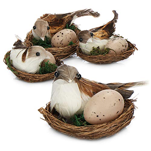 com-four® 4X Osternest mit Sperling-Vogel und Ei - Oster-Deko - Mini-Vogelnest mit brütendem Spatz - Frühlingsdeko (4 Stück - Nest mit Vogel + Ei) von com-four