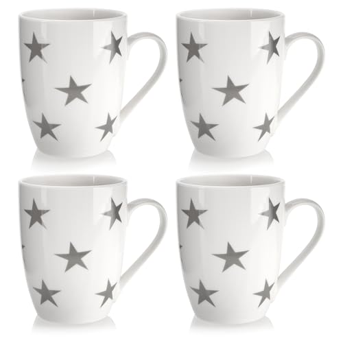 com-four® 4X Kaffeetassen aus Keramik - Kaffee-Becher in modernem Design - Kaffeepott für Kalt- und Heißgetränke - weiße Henkeltasse mit Sternen - Trinkbecher 300 ml (Sterne - 300ml) von com-four